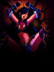  armor arms_up bdsm blue_eyes blue_hair bondage bound breasts bustier chain choker cleavage collarbone cuffs earrings fingerless_gloves gauntlets gloves hair_over_one_eye handcuffs jewelry league_of_legends leg_armor loincloth long_hair midriff missingfish open_mouth sivir solo 