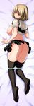  absurdres aoki_yuriko ass bakuman black_legwear blonde_hair blue_panties blush breasts dakimakura full_body highres large_breasts lips lying mole on_side panties panty_pull pussy pussy_juice shirt_lift shoumaru_(gadget_box) skirt solo thighhighs underwear yellow_eyes 