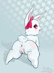  anus bow female fur jewelpet lagomorph looking_at_viewer looking_back mammal nude oneobese pussy rabbit red_eyes ruby ruby_(char) solo white_fur 