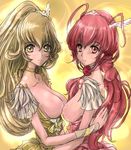  2girls blonde_hair breast_press breasts breasts_outside bust cure_happy cure_peace female hoshizora_miyuki kise_yayoi long_hair looking_at_viewer miyuki_hoshizora multiple_girls nipples ponytail precure pretty_cure rav_(ravetx) red_eyes red_hair smile smile_precure smile_precure! symmetrical_docking twintails upper_body yayoi_kise yellow_eyes yuri 