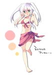  anceril_sacred arms_up bare_shoulders barefoot bikini blue_eyes blush breasts cleavage embarrassed eyebrows_visible_through_hair frown full_body jpeg_artifacts long_hair medium_breasts mishima_kurone no_nose nose_blush original pink_sarong sarong shirokami_project sleeveless solo standing standing_on_one_leg swimsuit white_hair 