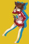  adjusting_eyewear animal_ears bare_legs barefoot brown_hair dog_ears dog_tail glasses green_eyes hair_ornament hairclip hand_in_pocket jacket original shirabi short_hair simple_background sketch solo tail track_jacket track_suit yellow_background zipper 
