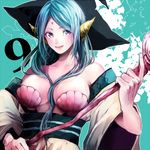  aqua_hair bad_id bad_pixiv_id bare_shoulders blue_eyes breasts detached_sleeves front_ponytail hat kuchiyahaku large_breasts long_hair magi_the_labyrinth_of_magic shell shell_bikini smile solo staff witch_hat yamuraiha 