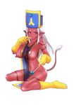  1girl blush boots breasts buri chunsoft cosplay dragon_quest dragon_quest_iii dragon_quest_x enix gloves highres horns large_breasts long_hair mitre navel nipples ogre_(dq10) panties pointy_ears priest_(dq3) priest_(dq3)_(cosplay) red_eyes red_skin see-through simple_background sitting slime_(dragon_quest) smile solo strap_pull tabard tail tattoo underwear wariza white_background white_hair 