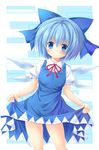  blue_eyes blue_hair bow cirno dress dress_lift hair_bow highres looking_at_viewer puffy_sleeves short_hair short_sleeves smile solo touhou wings yuzuki_sora 