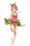  bare_legs barefoot bow earrings food food_print fruit full_body green_eyes green_sarong hair_bow jewelry meago necklace one-piece_swimsuit open_mouth original pink_hair pink_swimsuit print_sarong sarong short_hair signature sketch solo standing standing_on_one_leg swimsuit watermelon_print 