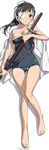  ass_visible_through_thighs barefoot black_hair blush breasts clothes_removed dakimakura eyepatch full_body grey_eyes highres kurashima_tomoyasu lying medium_breasts non-web_source on_back one-piece_swimsuit ponytail sakamoto_mio school_swimsuit sheath sheathed solo strike_witches swimsuit swimsuit_pull sword thigh_gap weapon world_witches_series 