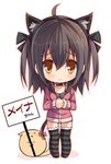  ahoge animal_ears black_hair blush brown_eyes cat_ears cat_tail chibi chiri_(atlanta) collar collarbone commentary_request holding meina_(atlanta) original raised_eyebrows ribbon sign simple_background smile solo striped striped_legwear tail tail_ribbon thighhighs translated white_background 