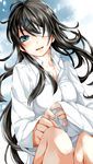  :d bad_id bad_pixiv_id bandage_over_one_eye black_hair blue_eyes blush hair_over_one_eye jukuo long_hair looking_at_viewer open_mouth original shirt smile solo white_shirt 