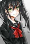  black_hair black_serafuku blush green_eyes jukuo long_hair looking_at_viewer original school_uniform serafuku smile solo twintails upper_body 