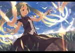  :d alternate_costume bird bow day dress gloves grass green_eyes green_hair hatsune_miku holding jong_tu letterboxed long_hair open_mouth sky smile solo sunlight sunrise twintails very_long_hair vocaloid white_gloves 