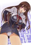  azarashing_day bad_id bad_pixiv_id breasts brown_hair gundam hands_on_hips highres large_breasts leaning_forward long_hair looking_at_viewer maria_owens open_mouth panties pantyshot sd_gundam_g-generation skirt solo sweatdrop underwear 