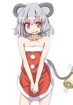  animal_ears bare_shoulders bell grey_hair looking_at_viewer mouse_ears mouse_tail nazrin red_eyes santa_costume short_hair simple_background solo tail tail_hold tori_(minamopa) touhou v_arms white_background 