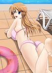  arm_support ass barefoot bikini blue_eyes blush breasts brown_hair fuuma_nagi highres innertube large_breasts long_hair looking_at_viewer looking_back lying on_stomach open_mouth original perspective pool poolside solo swimsuit underboob 