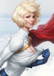  blonde_hair blue_eyes breasts cape cleavage cleavage_cutout cleavage_reach cloud cloudy_sky day dc_comics elbow_gloves eyelashes gloves large_breasts lips power_girl realistic revision short_hair sky smirk solo stanley_lau superhero wind 