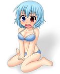  b.leaf blue_eyes blue_hair blue_panties blush bra breasts cleavage frilled_bra frills heterochromia highres large_breasts navel open_mouth panties red_eyes short_hair sitting solo tatara_kogasa tears touhou underwear underwear_only wariza 