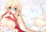  blonde_hair blue_eyes blush braid breasts flower hair_flower hair_ornament kuriyuzu_kuryuu kyoukaisenjou_no_horizon large_breasts long_hair lying mary_stuart nipples nude on_stomach red_scarf scarf single_braid smile solo 