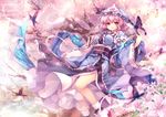  bug butterfly capura_lin cherry_blossoms dress fan flower folding_fan hat holding insect japanese_clothes looking_at_viewer obi petals pink_eyes pink_hair saigyouji_yuyuko sash short_hair smile solo touhou triangular_headpiece 