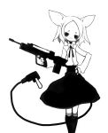  1girl animal_ears kimura_akiyoshi looking_at_viewer monochrome original riffle short_hair simple_background skirt socks weapon white_background 