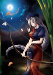  arrow bamboo bird blue_eyes bow_(weapon) braid breasts dress feathers full_moon hat large_breasts long_hair looking_at_viewer moon narumizg night nurse_cap phoenix silver_hair single_braid solo touhou very_long_hair weapon yagokoro_eirin 