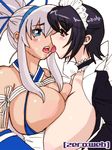  black_hair blue_eyes blush breast_press breasts brown_eyes choker cleavage dark_skin hair_ribbon huge_breasts iroha_(samurai_spirits) long_hair maid maid_headdress majikina_mina multiple_girls ponytail queen's_gate ribbon saliva saliva_trail samurai_spirits short_hair snk tongue tongue_out white_hair yuri zero_hime 