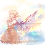  animal_ears barefoot brown_dress covering_mouth dress feathered_wings floating_hair full_body jitome kneeling multicolored multicolored_background mystia_lorelei no_hat no_headwear pink_hair plant short_hair solo touhou unagi77 vines wind wings 