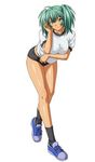  1girl female green_eyes green_hair ikkitousen official_art ryofu_housen shorts smile socks solo standing twintails 