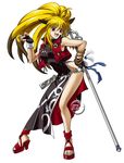  1girl ahoge animal_ears banpresto beads blonde_hair china_dress chinese_clothes contrapposto dress fingerless_gloves fox_ears gloves hand_on_hip high_heels multicolored_hair official_art over_shoulder shoes side_slit solo staff super_robot_wars super_robot_wars_og_saga_mugen_no_frontier super_robot_wars_og_saga_mugen_no_frontier_exceed two-tone_hair vest weapon weapon_over_shoulder xiaomu 