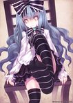  alteil blue_hair bow chair grey_eyes hair_bow kiran long_hair original parted_lips ribbon silver_eyes skirt smile solo striped striped_legwear thighhighs 