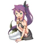  armlet bare_shoulders black_skirt bracelet flat_chest forked_tongue green_eyes jewelry keto_(funrei_doryoku) lamia long_hair long_tongue looking_at_viewer mon-musu_quest! monster_girl o-ring o-ring_bottom o-ring_top pointy_ears ponytail purple_hair skirt smile solo tiny_lamia_(mon-musu_quest!) tongue tongue_out transparent_background very_long_hair 