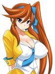  arms_behind_back blue_eyes blue_neckwear blush breasts brown_hair cleavage covered_nipples crescent crescent_earrings cropped_jacket earrings gyakuten_saiban gyakuten_saiban_5 hair_between_eyes hair_ribbon huge_breasts impossible_clothes impossible_shirt jacket jewelry kizuki_kokone konno_tohiro long_hair necktie no_bra open_clothes open_jacket ribbon shirt side_ponytail simple_background smile solo very_long_hair white_background 