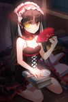  bare_arms bare_shoulders black_hair book choker detached_collar dress fan folding_fan frilled_dress frills gilse gs_5th_star hairband heterochromia holding lolita_hairband long_hair magnifying_glass open_book sitting solo sword_girls twintails very_long_hair wariza yellow_eyes 