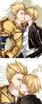  armor blonde_hair bracelet clone dual_persona earrings fate/stay_night fate/zero fate_(series) gilgamesh imminent_kiss jewelry male_focus multiple_boys red_eyes selfcest yaoi yy_(yytomb) 