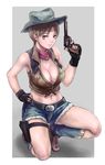  alternate_costume belt boots breasts brown_hair cleavage cowboy_hat cutoffs denim denim_shorts fingerless_gloves fringe_trim front-tie_top full_body gloves green_eyes gun hand_on_hip handgun hat holster large_breasts looking_at_viewer midriff navel rebecca_chambers resident_evil resident_evil_0 revolver sgk short_hair shorts smile solo squatting thigh_holster vest weapon western 