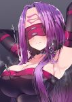  1girl absurdres armpits arms_behind_head arms_up black_gloves blindfold blush breasts cleavage collar commentary_request elbow_gloves facial_mark fate/grand_order fate_(series) forehead forehead_mark gloves hair_intakes highres kobo_(cobo_0609) large_breasts long_hair purple_hair rider smell solo sweat translation_request 