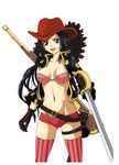  1girl absurdres basuchian bra breasts cleavage earrings gloves gun hat highres jewelry long_hair nico_robin one_piece one_piece_film_z open_mouth patterned_legwear pirate rifle sword thighhighs underwear weapon 