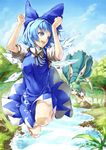  blue_dress blue_eyes blue_hair blush bow cirno daiyousei dress fairy_wings flying forest green_eyes green_hair hair_bow hair_ribbon ice ice_wings knees large_bow legs_folded long_hair mary_janes multiple_girls nature puffy_sleeves ribbon river shoes short_hair short_sleeves side_ponytail skirt smile sukocchi teenage touhou water white_legwear wings 