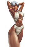  abs armlet armpits arms_behind_back blue_eyes breasts dark_skin elena_(street_fighter) jewelry large_breasts lipstick makeup muscle neck_ring nose shinonome_(game_hakkutsu_tai) shiny shiny_skin short_hair sideboob solo street_fighter street_fighter_iii_(series) swimsuit thick_thighs thighs toned underboob white_hair 