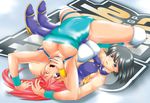  black_hair blue_eyes blue_leotard bob_cut boots breasts cleavage cleavage_cutout large_breasts leotard lips long_hair mighty_yukiko minami_toshimi multiple_girls open_mouth pink_hair purple_eyes short_hair tomjpn wrestle_angels wrestle_angels_survivor wrestling wrestling_outfit 