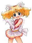  \m/ animal_ears back_bow bishoujo_senshi_sailor_moon blonde_hair blue_eyes blush bow cat_ears choker cosplay elbow_gloves fang gloves hair_ornament heart heart_choker highres jewelpet_(series) jewelpet_twinkle jewelry long_hair magical_girl miria_marigold_mackenzie multicolored multicolored_clothes multicolored_skirt non-web_source nyama open_mouth pink_sailor_collar sailor_chibi_moon sailor_chibi_moon_(cosplay) sailor_collar sailor_senshi_uniform simple_background skirt smile solo super_sailor_chibi_moon super_sailor_chibi_moon_(cosplay) tsuki_ni_kawatte_oshioki_yo white_background white_gloves 