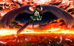  alternate_weapon arm_cannon bandages black_legwear black_wings boots bow brown_hair cape cloud feathers hair_bow highres large_wings long_hair nekominase red_eyes reiuji_utsuho shirt skirt sky solo space sparks sunset thighhighs third_eye touhou wallpaper weapon wings zettai_ryouiki 