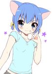  alternate_hairstyle animal_ears blue_eyes blue_hair blush bow casual cat_ears fox_shadow_puppet hair_bow onka original shirt short_hair short_twintails smile solo star t-shirt twintails usashiro_mani 