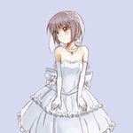  bangs bare_shoulders blush bridal_veil dress elbow_gloves frills gloves imageboard_colors jewelry nagato_yuki necklace pas_(paxiti) pearl_necklace purple_hair short_hair simple_background solo strapless strapless_dress suzumiya_haruhi_no_yuuutsu veil wedding_dress white_dress white_gloves yellow_eyes 