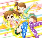  brown_eyes brown_hair futami_ami futami_mami hahifuhe idolmaster idolmaster_(classic) multiple_girls open_mouth panties print_legwear siblings side_ponytail smile star star_print thighhighs twins underwear 