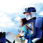  bird blue_eyes blue_hair blue_sky blush cloud crossover day decepticon detached_sleeves doughnut dutch_angle eating food hatsune_miku long_hair mecha outdoors pastry_box rkp robot science_fiction sky soundwave transformers twintails vocaloid 