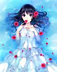  afloat black_hair blue_eyes dress flower mizunomoto original partially_submerged petals rose rose_petals solo water wavy_hair 