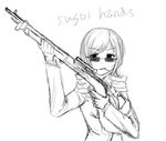  breasts cleavage drill_hair exp formal greyscale gun mahou_shoujo_madoka_magica monochrome mouth_hold rifle scope sketch solo suit sunglasses tomoe_mami toothpick twin_drills twintails weapon 