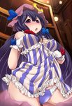 aki_(akikaze_asparagus) blush book bookshelf breast_suppress breasts cameltoe covered_nipples crescent curvy dress gloves hat library long_hair medium_breasts open_mouth panties patchouli_knowledge purple_eyes purple_hair purple_panties solo striped striped_dress touhou underwear voile white_gloves 