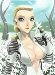  blonde_hair blue_eyes breasts crying daniel_macgregor eyelashes field flower flower_field large_breasts lipstick long_hair makeup metal_gear_(series) metal_gear_solid metal_gear_solid_3 no_bra open_clothes petals ponytail scar tears the_boss 