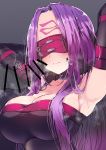  1girl absurdres armpits arms_behind_head arms_up black_gloves blindfold blush breasts cleavage collar commentary_request elbow_gloves facial_mark fate/grand_order fate_(series) forehead forehead_mark gloves hair_intakes highres kobo_(cobo_0609) large_breasts long_hair penis purple_hair rider smell solo sweat translation_request 